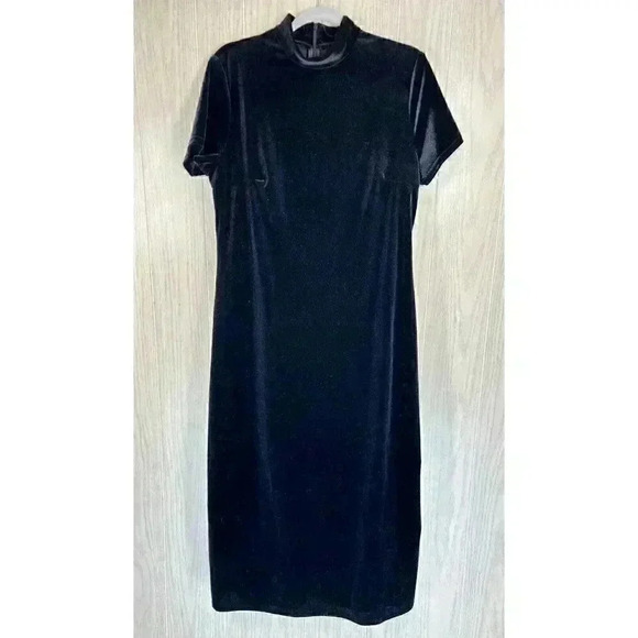 Vintage Velvet Dress Sz Large Black Mock Neck Short Sleeve Maxi Whimsigoth USA - Picture 2 of 8